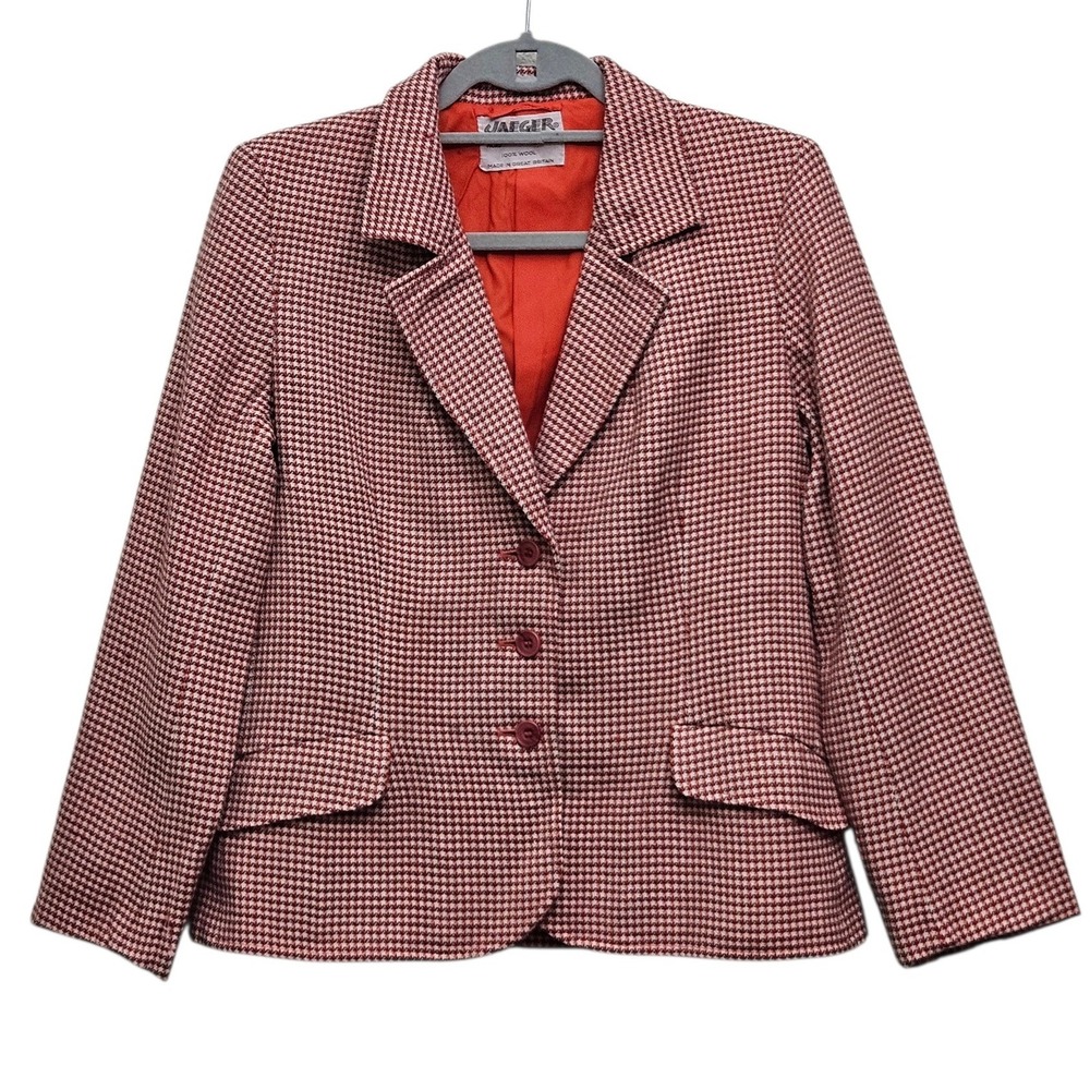 Jaeger Blazer‎ 14 Red Houndstooth Wool Vintage 70s Great Britain Career Workwear